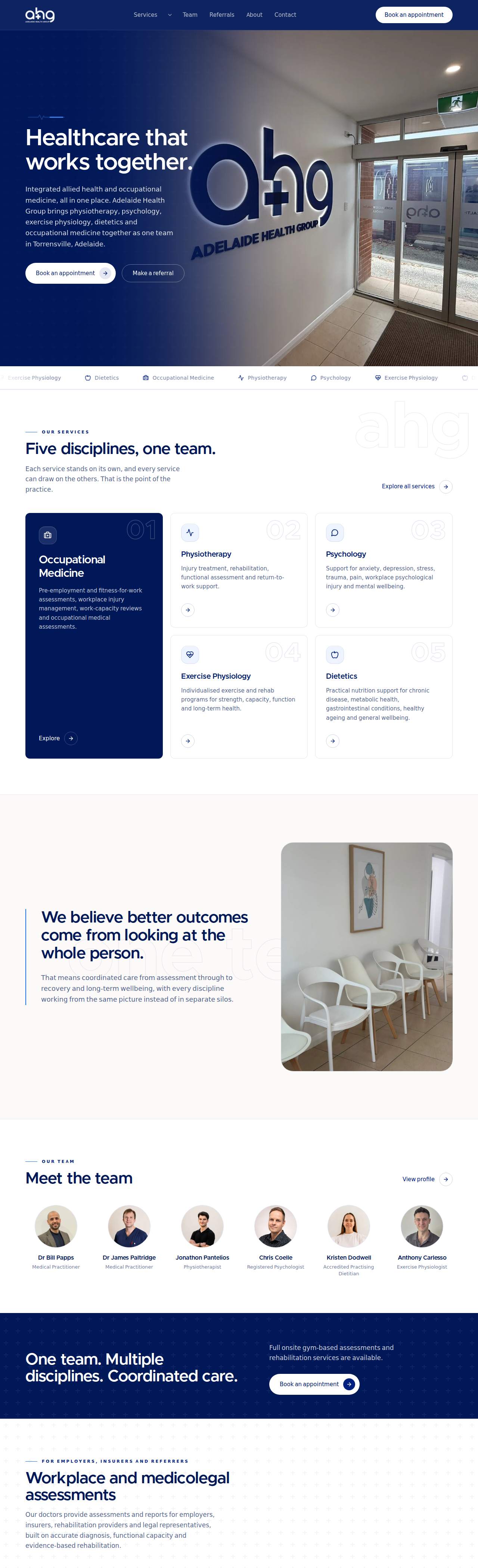 Adelaide Health Group allied health website home page, built by Webders