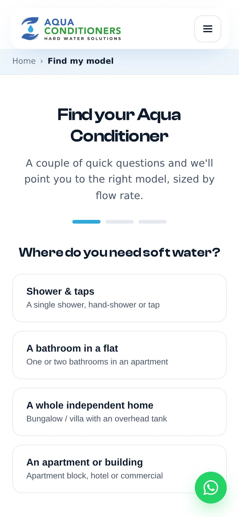 Aqua Conditioners Find my model selector on a phone