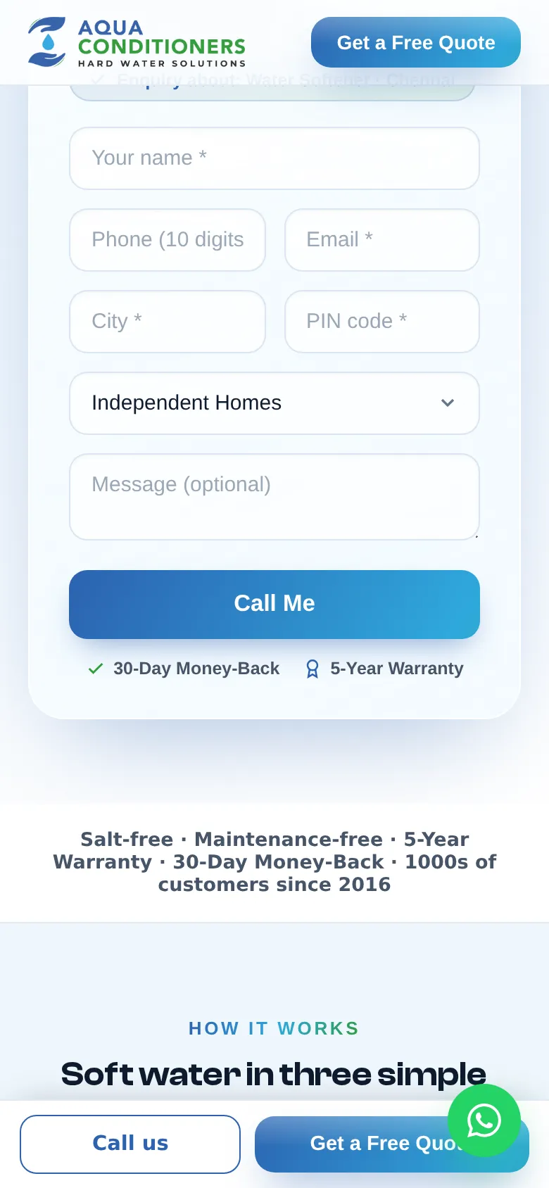 Aqua Conditioners Call Me form on a phone