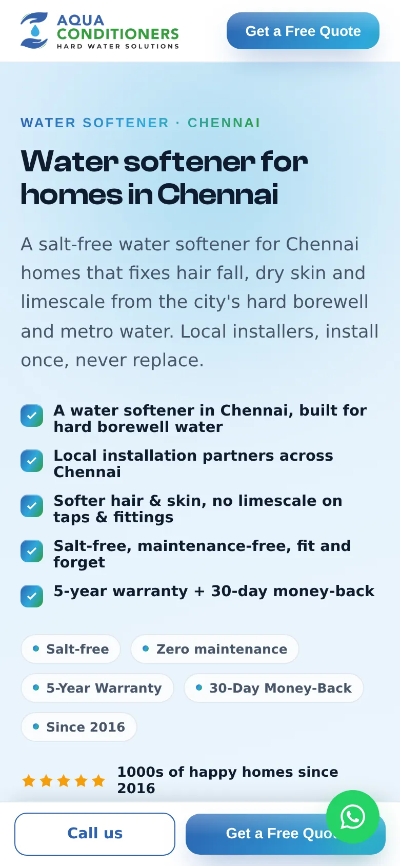 Aqua Conditioners Chennai landing page on a phone