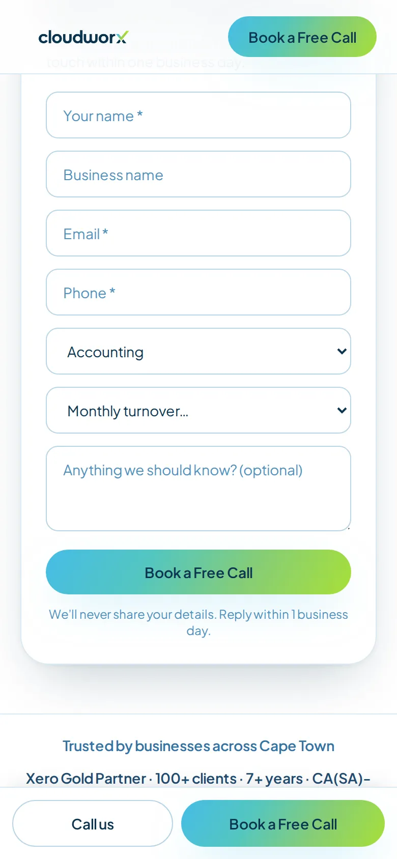 Cloudworx landing page enquiry form on a phone