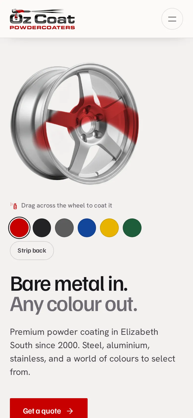 OZ Coat home page with the wheel on a phone