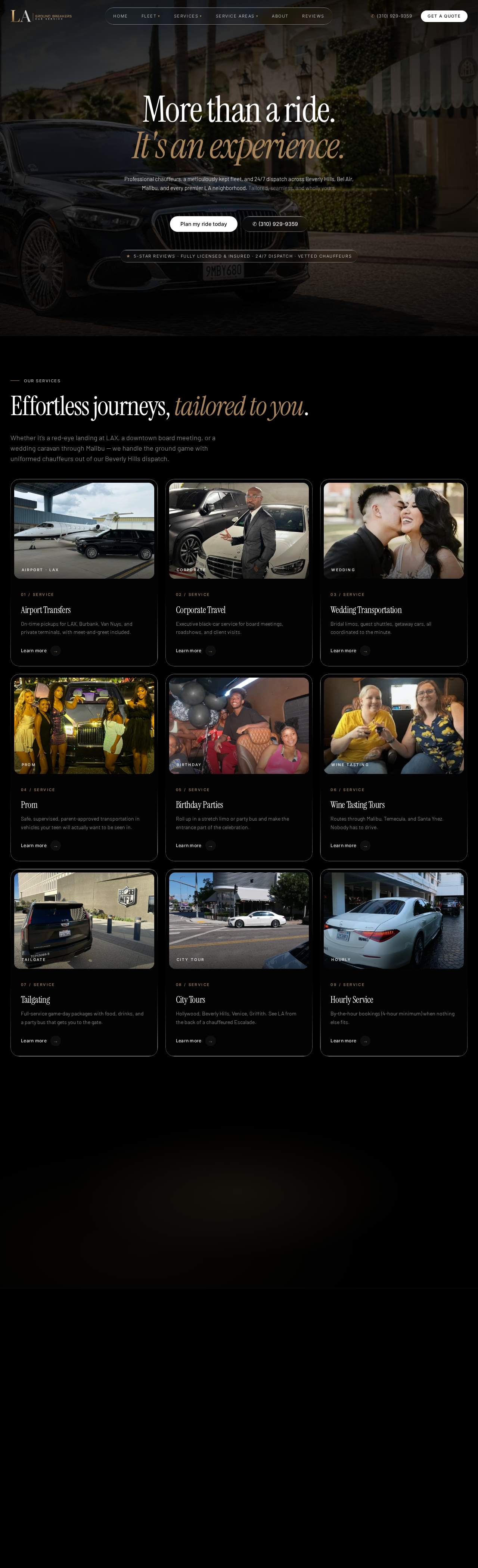 LA Groundbreakers chauffeur website home page, built by Webders